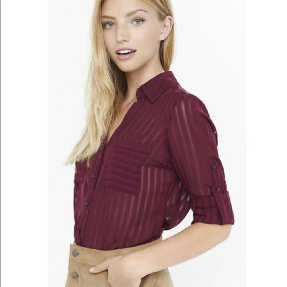 Express Portofino Maroon Sheer Stripe Blouse